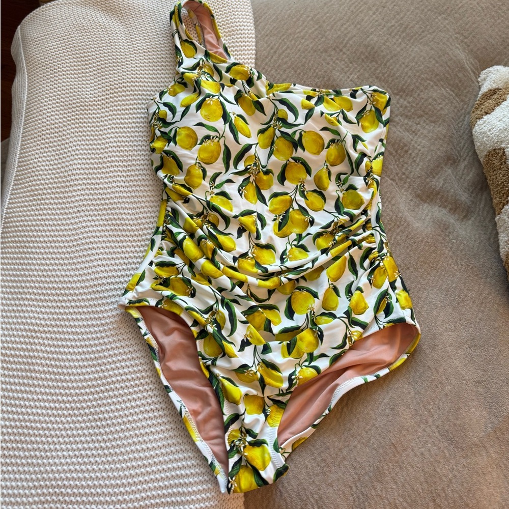 J. Crew Yellow and Green One Piece Swimsuit Floral Design.  Size 12.